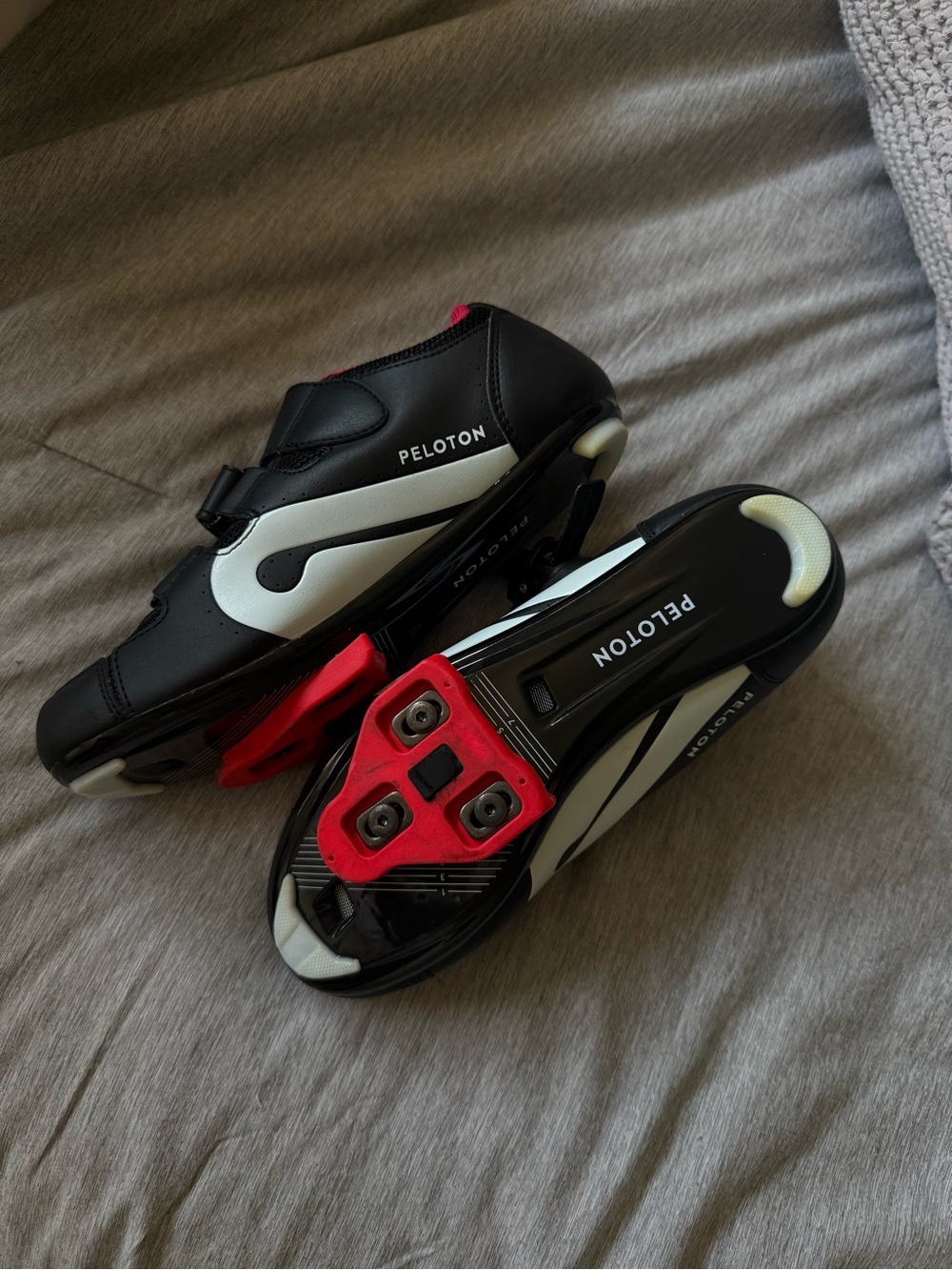 Peloton Black White Cycling Shoes with Red Cleats
